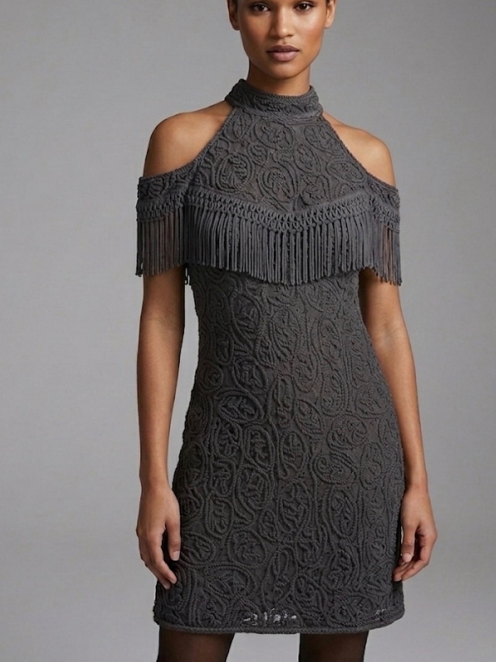 Cold-Shoulder Fringe Lace Mini Dress in Charcoal